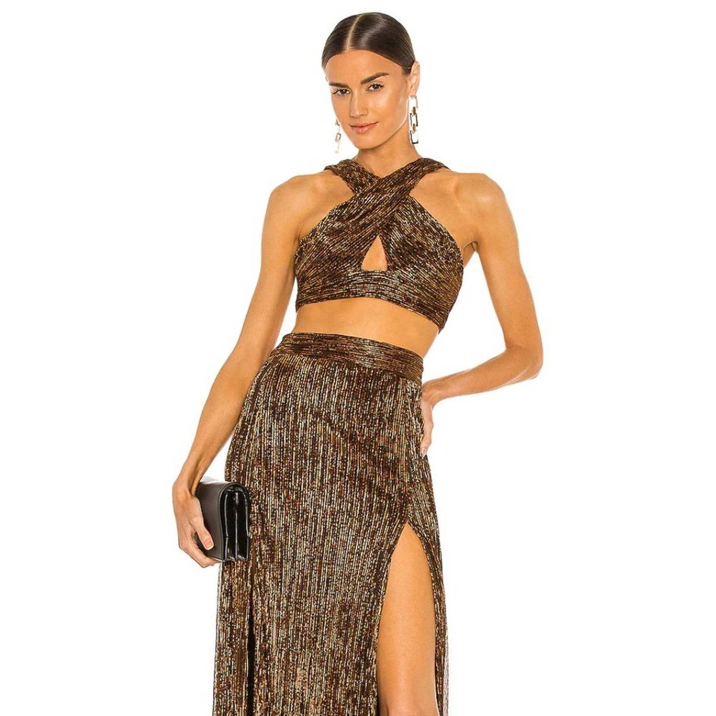 NEW Nookie Alchemy Crop Top Rust Copper Brown Gold Black Metallic Cutout Small S