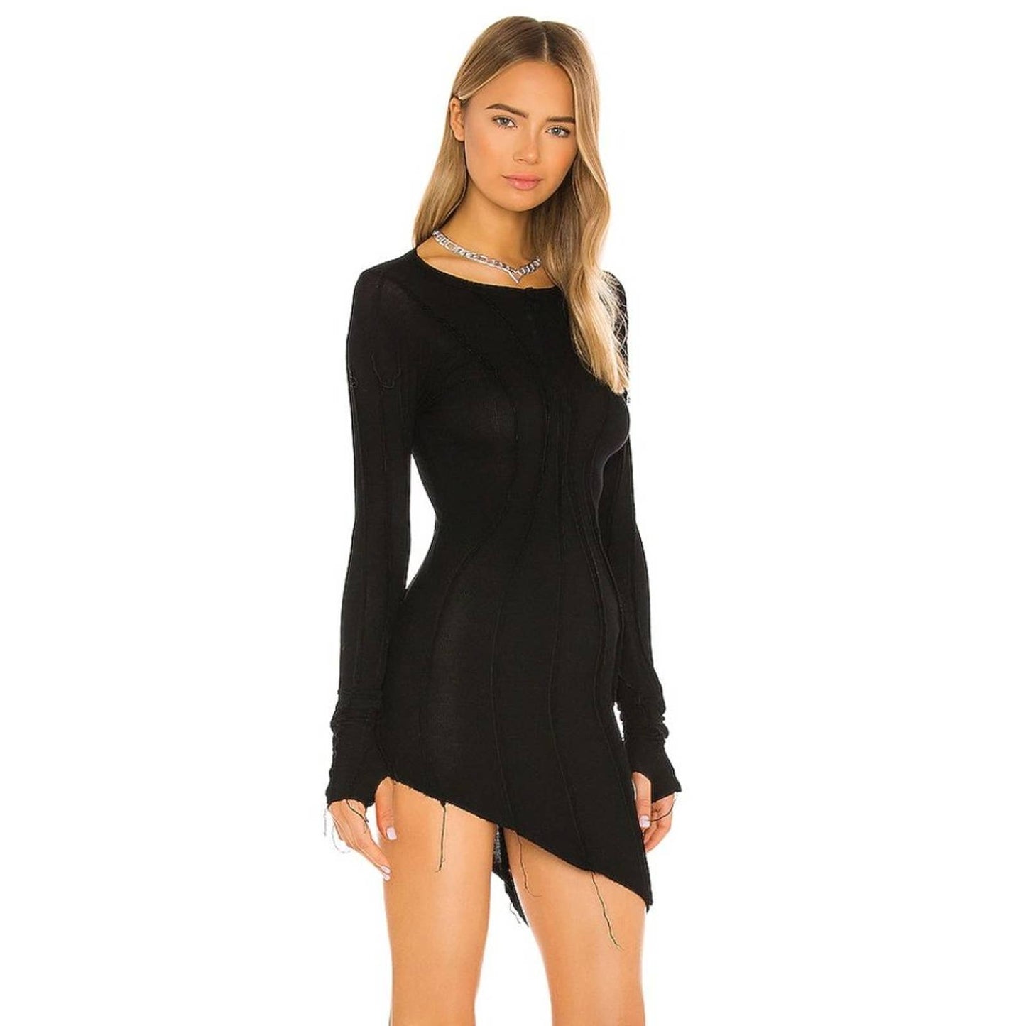 NEW SAMI MIRO VINTAGE Asymmetric Long Sleeve Mini Dress Black XS XSmall Sweater