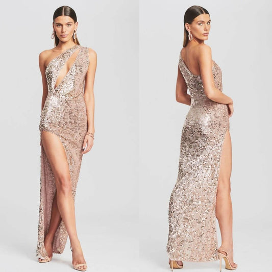 NEW retrofete Candice Sequin Crochet Gown in Rose Gold Nude Maxi Dress XS Small