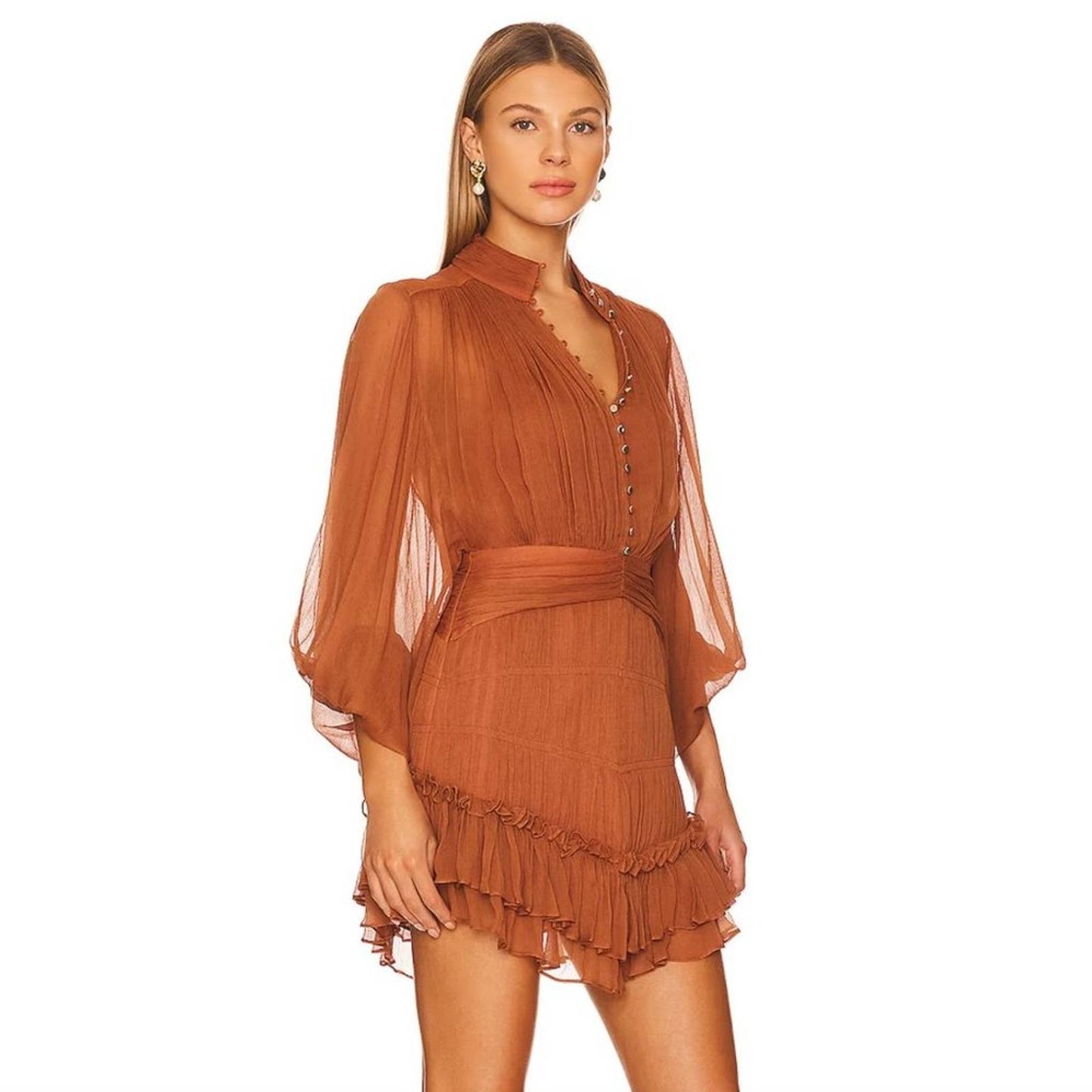 Shona Joy Leonie Button Up Ruched Mini Dress in Almond Brown Orange Long Sleeve