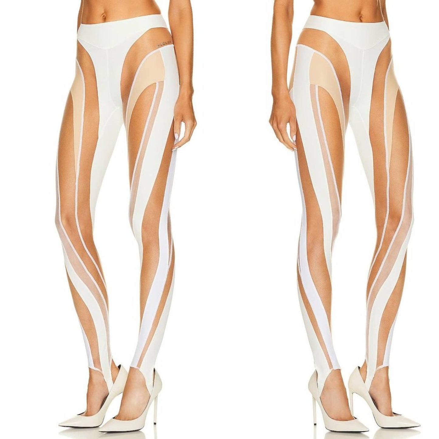 NEW Mugler Sheer Spiral Legging in Ivory White & Beige Nude Mesh 42 / 10 / Large