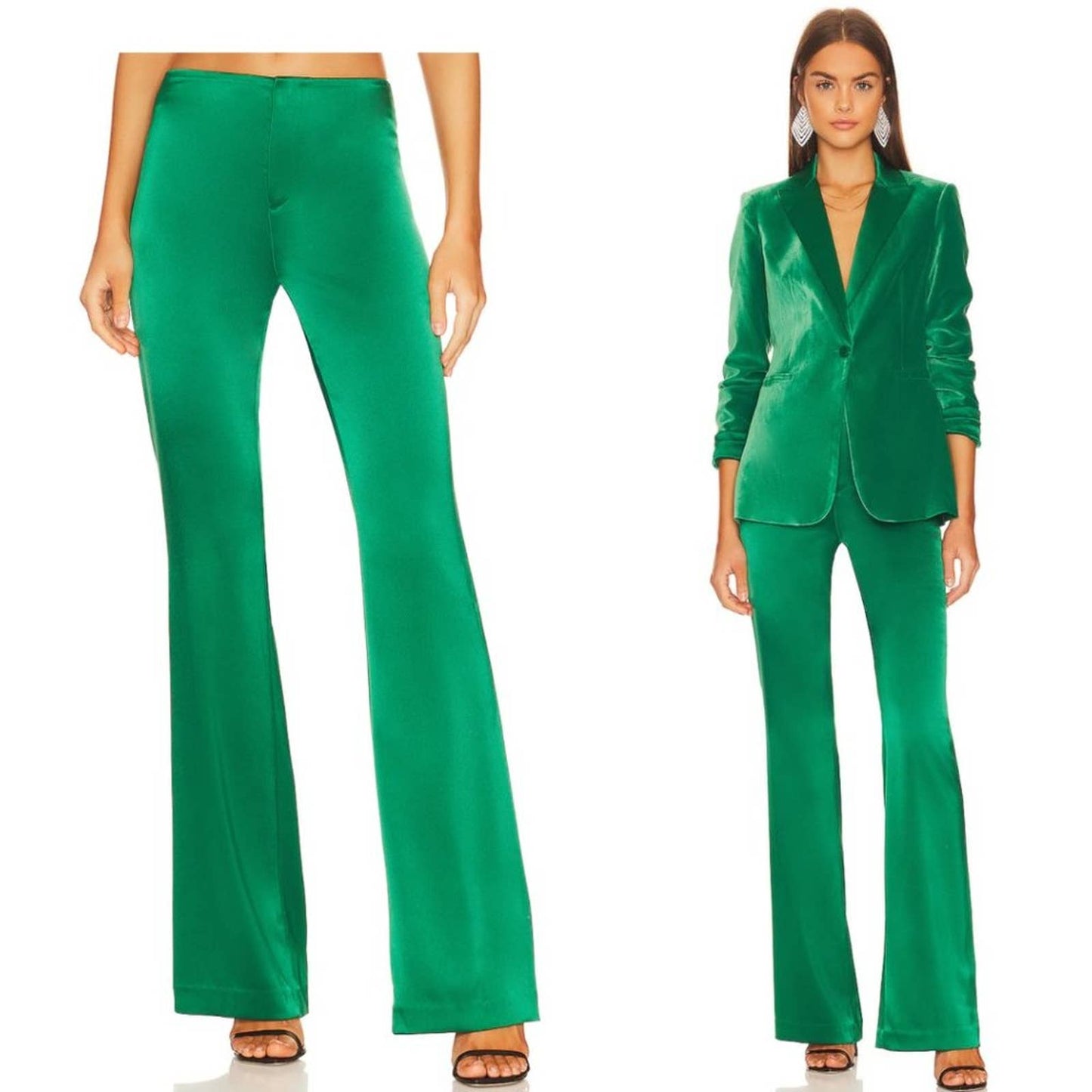 NEW Alice + Olivia Teeny Fit Flare Bootcut Pant Emerald Green Satin Bell Bottoms