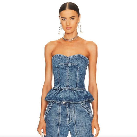 NEW Isabel Marant Etoile Solizinia Jean Top Light Blue Denim Strapless Bustier 8