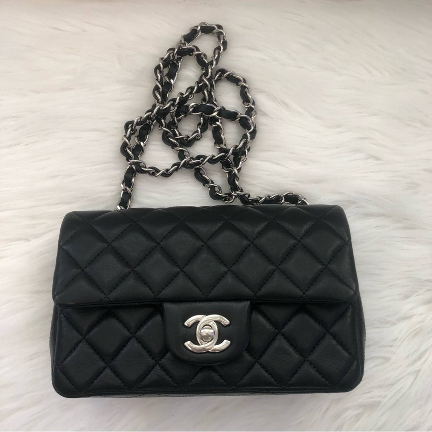 Chanel Mini Rectangle Classic Flap Bag in Black Lambskin + Silver Hardware Chain