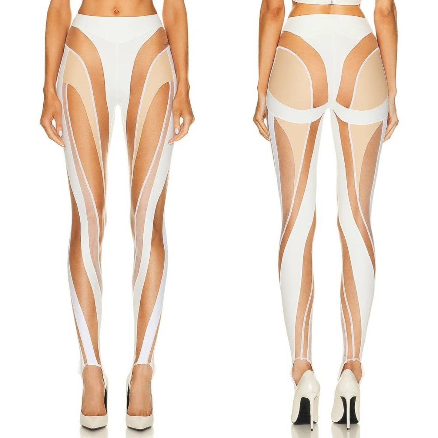 NEW Mugler Sheer Spiral Legging in Ivory White & Beige Nude Mesh 42 / 10 / Large