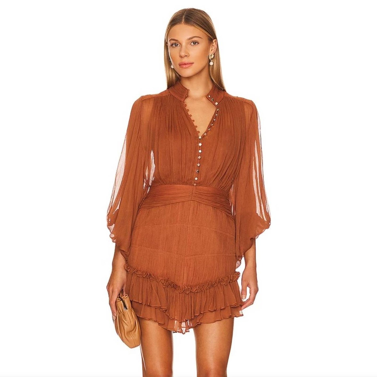 Shona Joy Leonie Button Up Ruched Mini Dress in Almond Brown Orange Long Sleeve