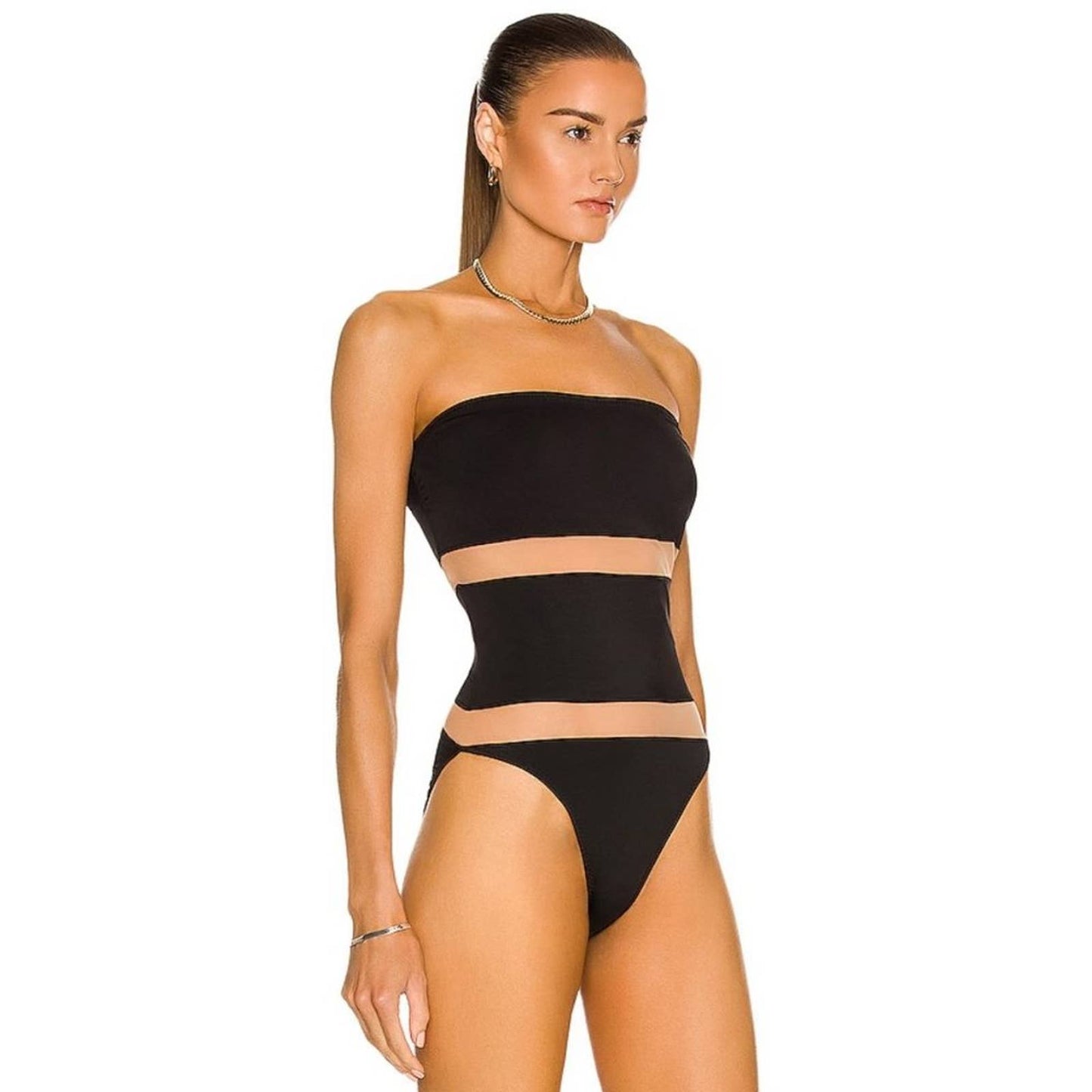 NEW Norma Kamali Bishop Nude Insert One Piece Swimsuit in Black Nude Mesh Large