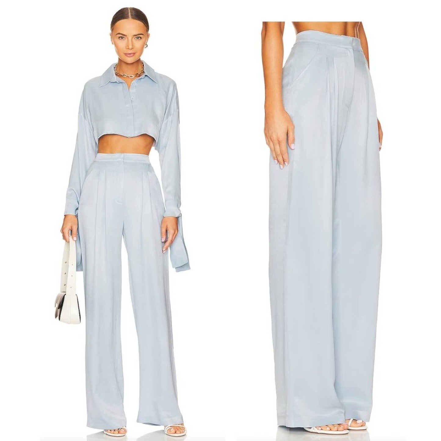 NEW SELMACILEK x REVOLVE Wide Leg Pant in Baby Blue Satin Silk Flowy Trouser XS