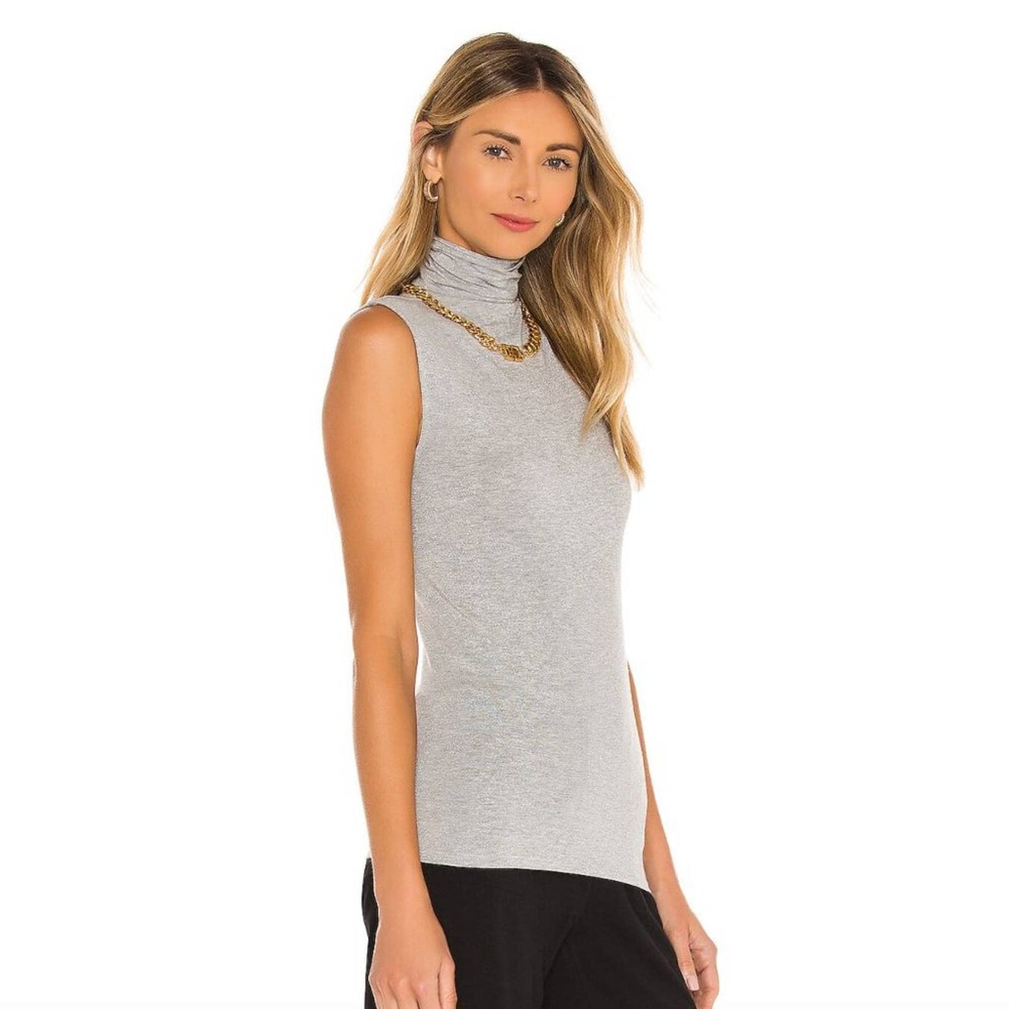 NEW Enza Costa Lurex Jersey Sleeveless Turtleneck Tank Silver Light Grey Medium