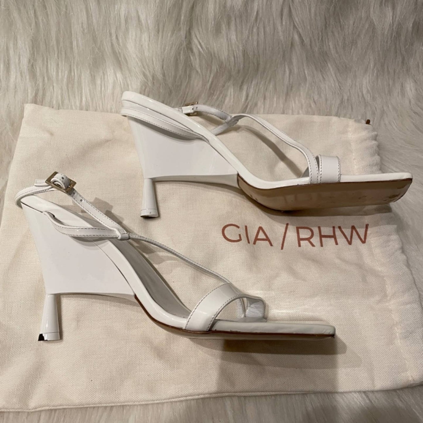 GIA BORGHINI x RHW Strappy Sandal White Patent Heeled Wedge Heels 41 / 11