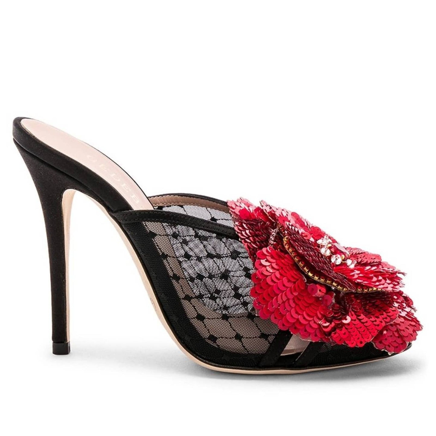 NEW GEDEBE Clarencenet Mule Nero Black Red Rose Heeled Sandal Mesh Heel 38 / 8