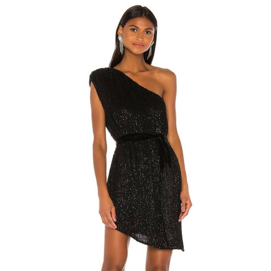 NEW retrofete Ella Mini Dress Black Sequin Party Dress One Shoulder Small S