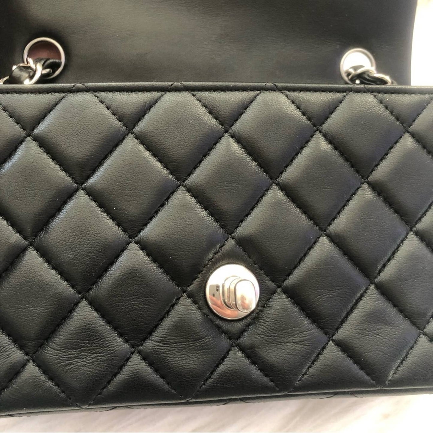 Chanel Mini Rectangle Classic Flap Bag in Black Lambskin + Silver Hardware Chain