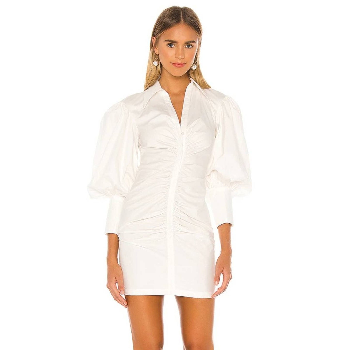 NEW Shona Joy Grant Balloon Sleeve Ruched Mini Dress White Long Sleeve 4 Small