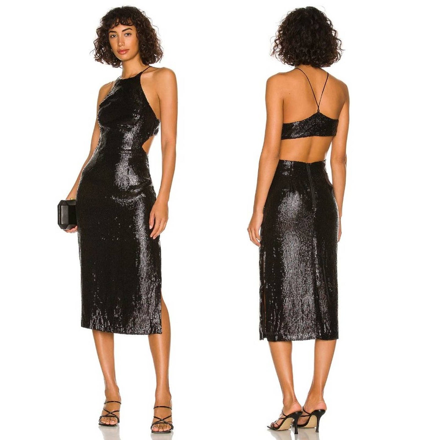 NEW Bardot Easton Midi Sequin Dress in Black Halter Cutout Small S