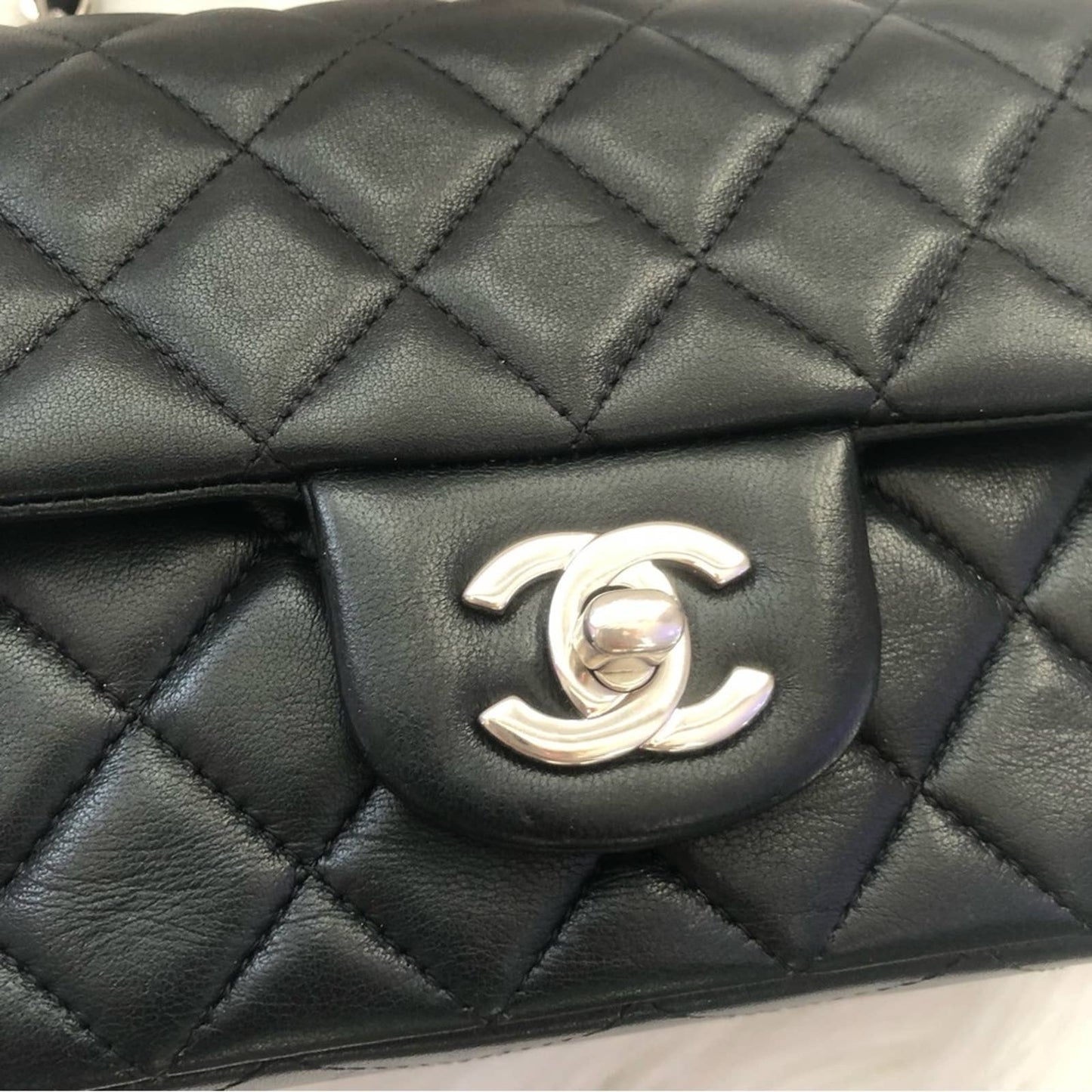 Chanel Mini Rectangle Classic Flap Bag in Black Lambskin + Silver Hardware Chain