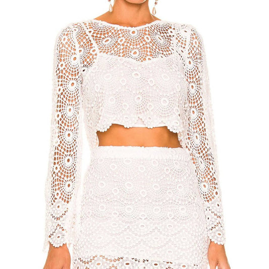 LoveShackFancy Daxi Long Sleeve Crop Top in White Crochet Lace Small S