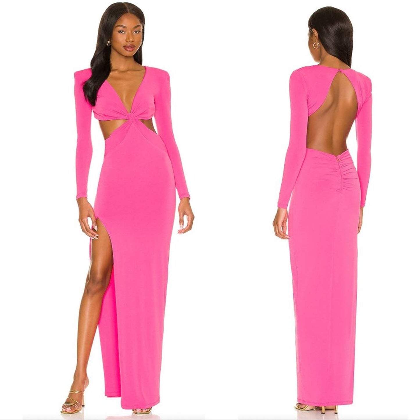 NEW Nookie Jewel Gown in Neon Hot Pink Long Sleeve Backless Maxi Dress Small