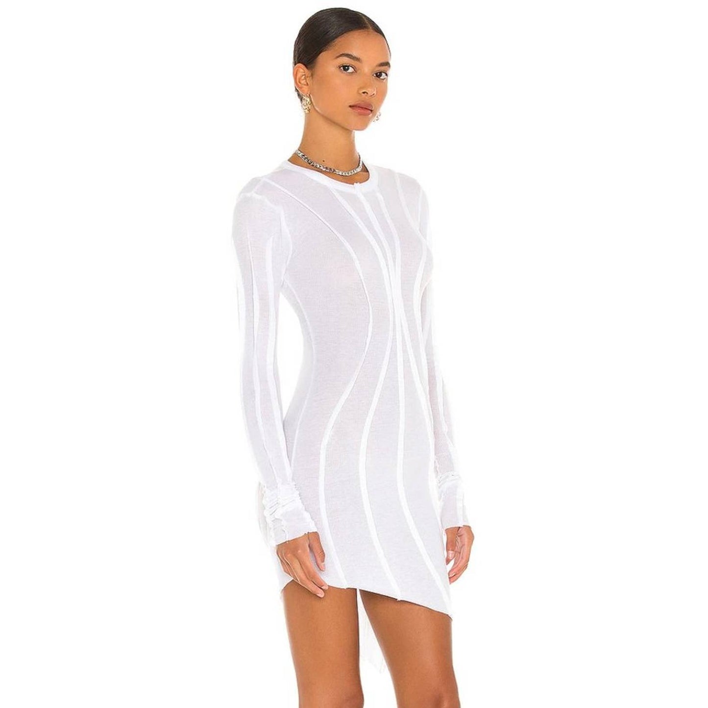 NEW SAMI MIRO VINTAGE Asymmetric Baby Rib Mini Dress White Long Sleeve Large L