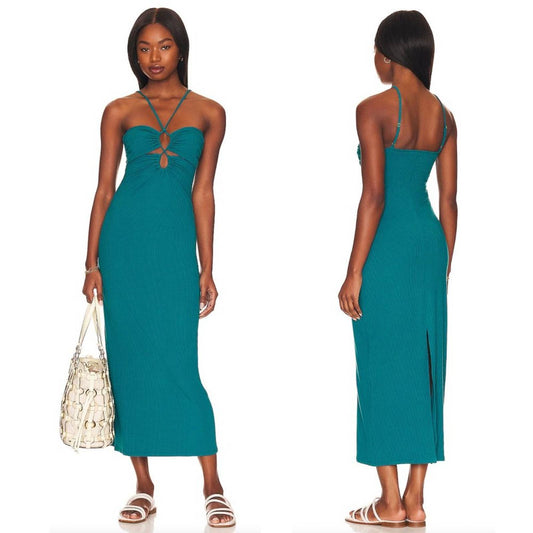 NEW L*SPACE Ellery Midi Maxi Dress in Deep Sea Blue Green Halter XS XSmall