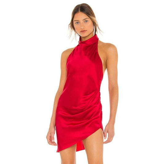 NEW Amanda Uprichard Samba Mini Dress Russian Red Silk Satin Backless Halter M