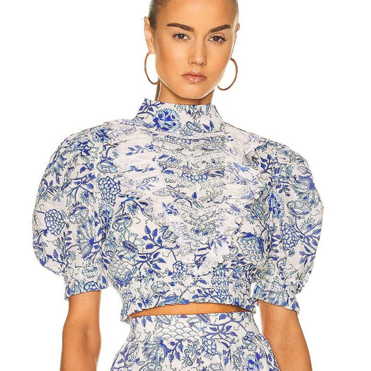 NEW HEMANT AND NANDITA Mala Crop Top in Cobalt Blue & White Floral Cotton XS