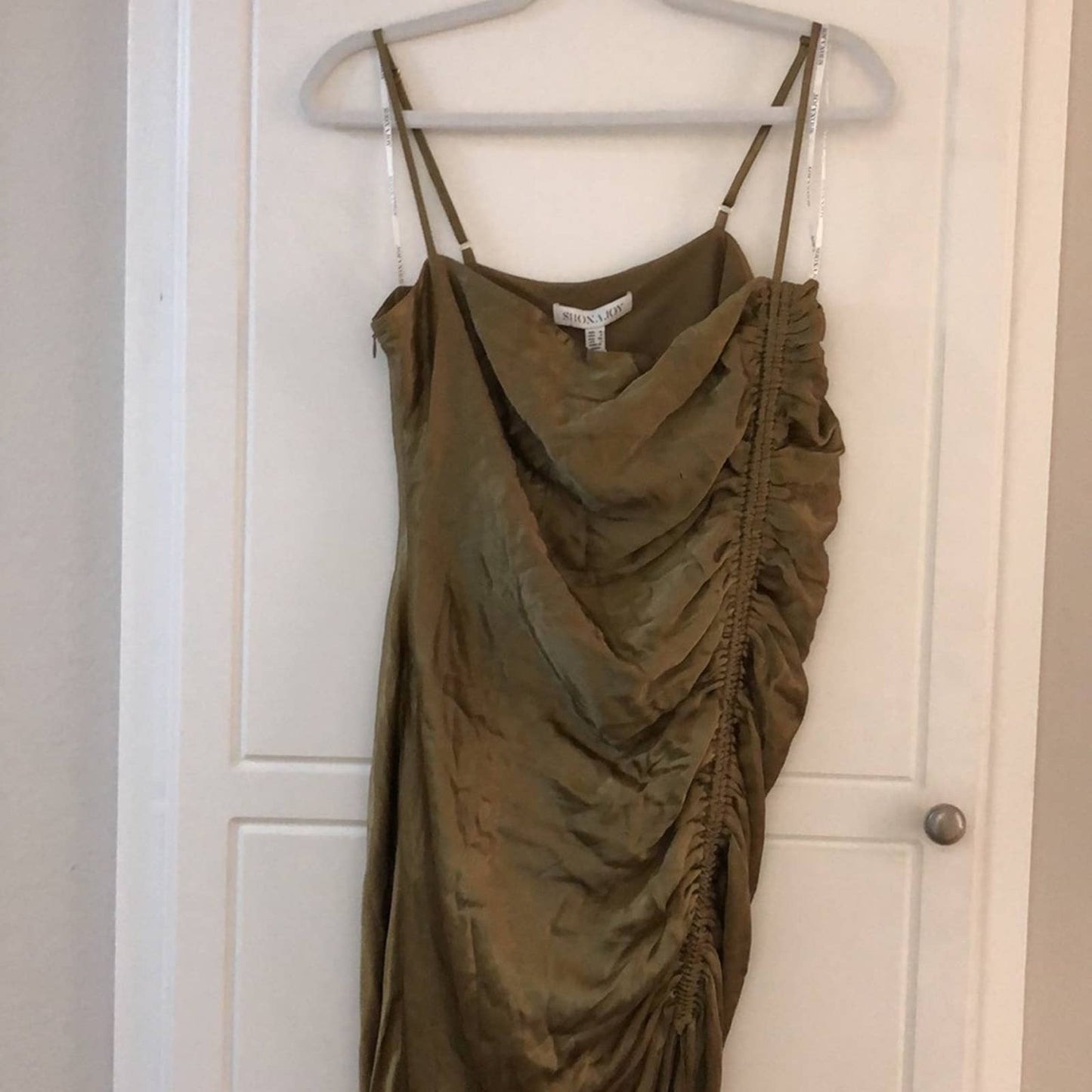 NEW Shona Joy Thalia Bias Ruched Midi Dress Cumin Olive Green Tan 8 Medium Large