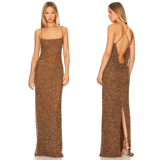 NEW retrofete Alice Dress in Amber Brown Bronze Sequin Maxi Gown Large L