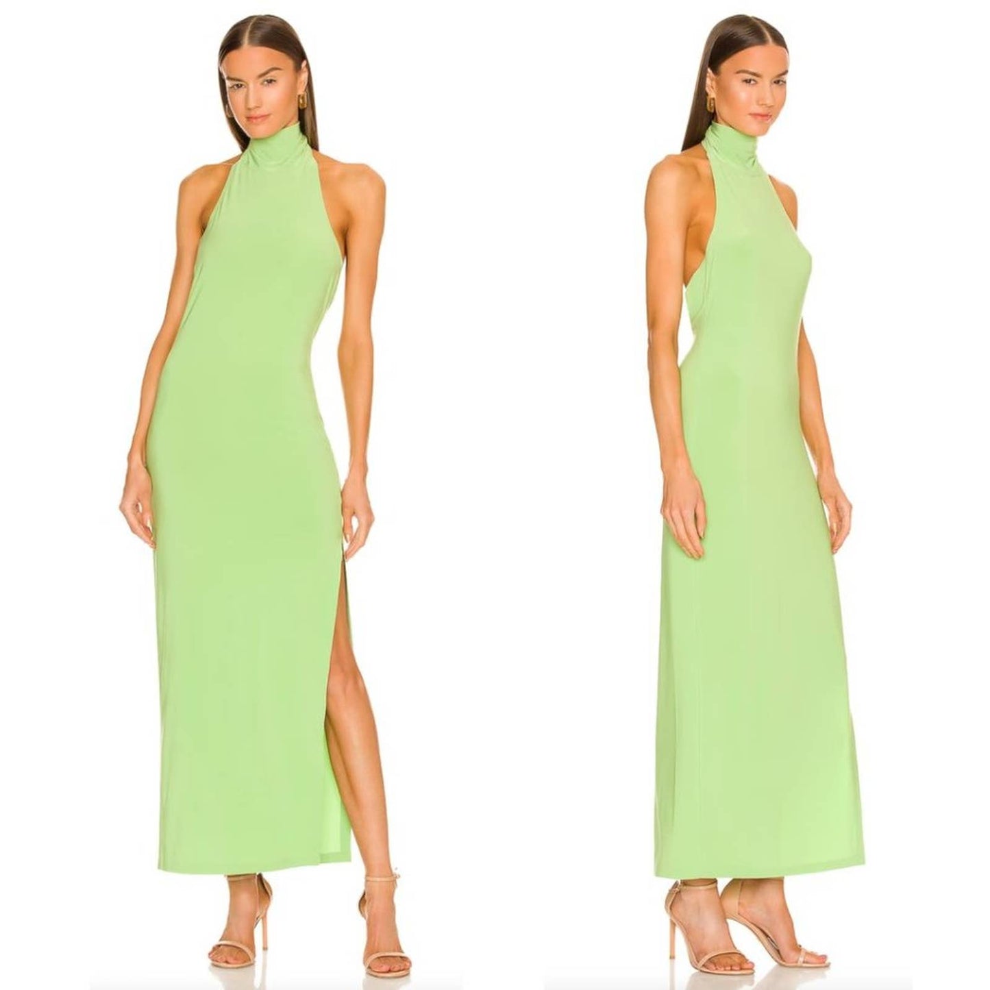 NEW Norma Kamali x REVOLVE Halter Turtle Side Slit Gown Gemini Green Maxi Dress