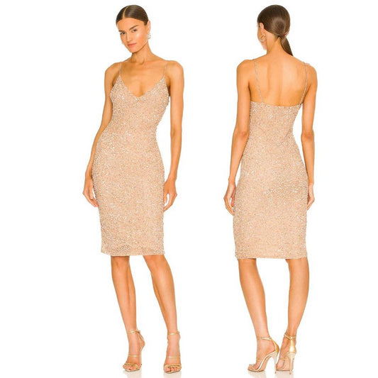 NEW retrofete X REVOLVE Billie Midi Dress in Nude Tan Sequin Glitter M Medium