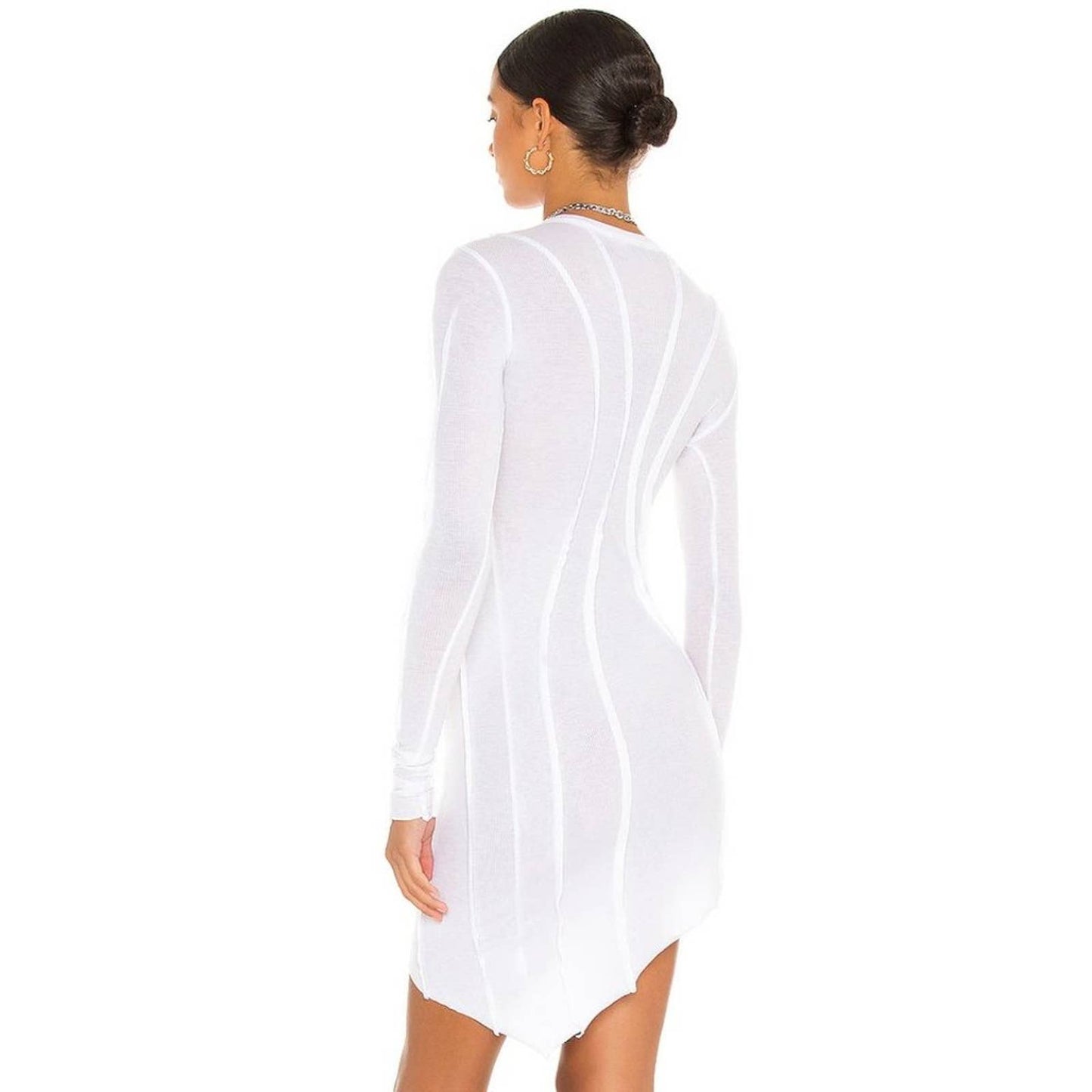 NEW SAMI MIRO VINTAGE Asymmetric Baby Rib Mini Dress White Long Sleeve Medium M