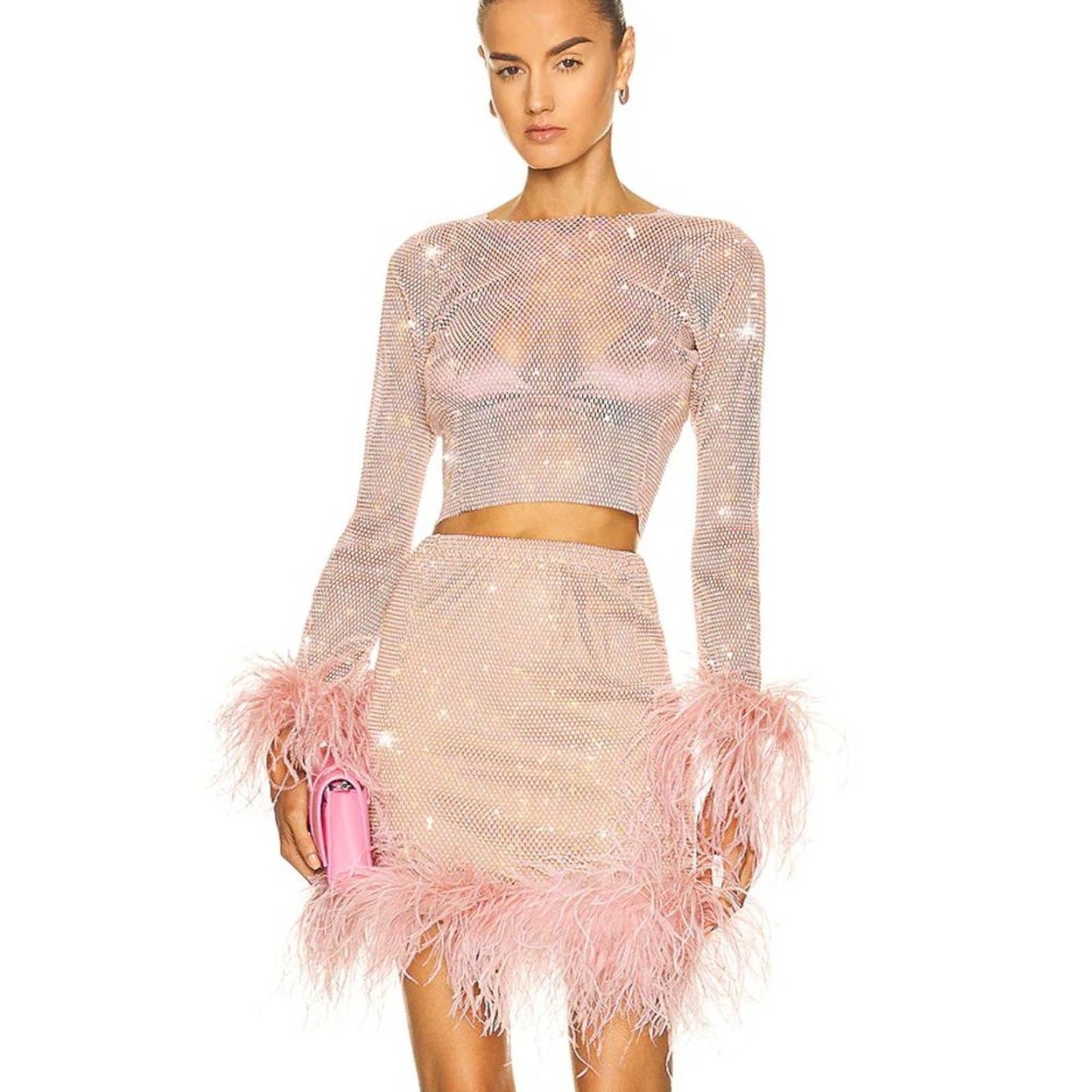 NEW Santa Brands Feathers Mini Skirt in Blush - Pink Nude Rhinestone Mesh XS / S