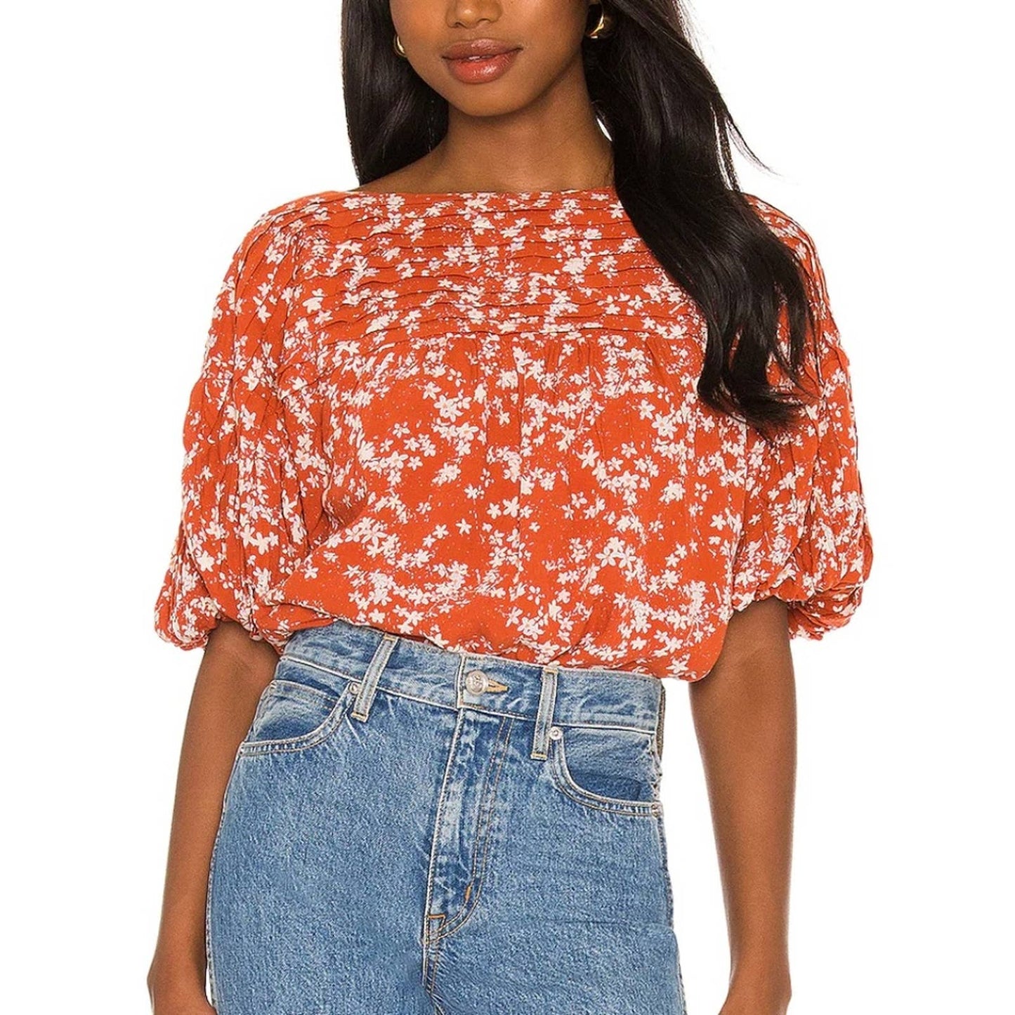 NEW Free People Dessa Bodysuit Top in Rust Combo Orange White Floral Small S