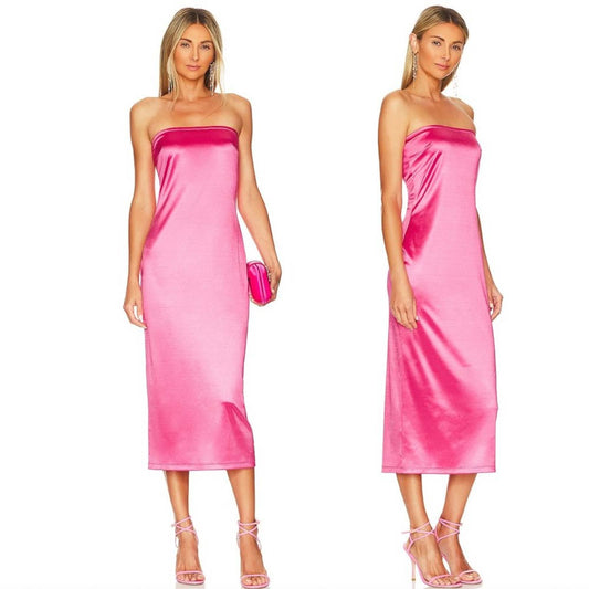 LoveShackFancy Lanal Tube Midi Dress in Sugar Plum Pink Satin Sateen Strapless 2