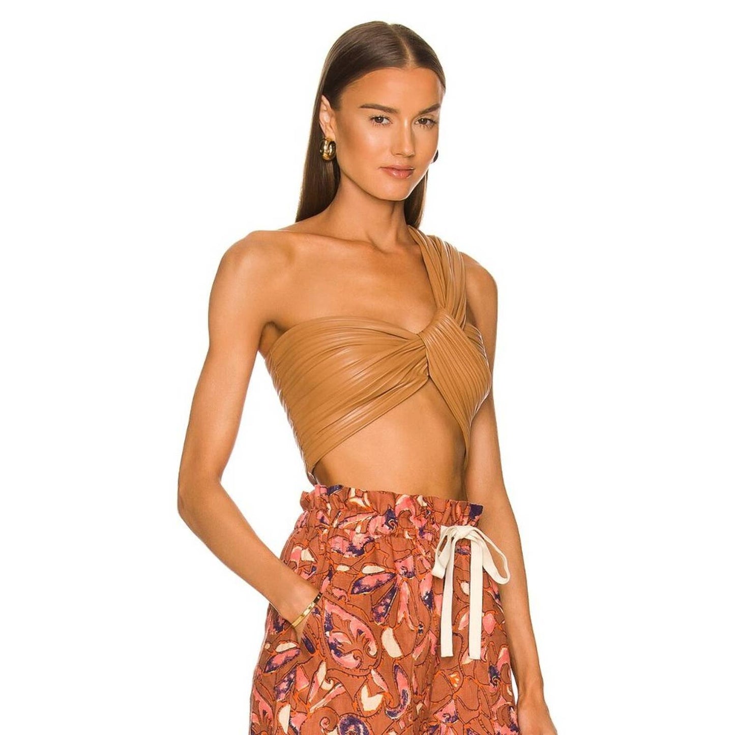 NEW A.L.C. Athena Crop Top Cashew Brown Tan Faux Leather One Shoulder Tank 0 XS