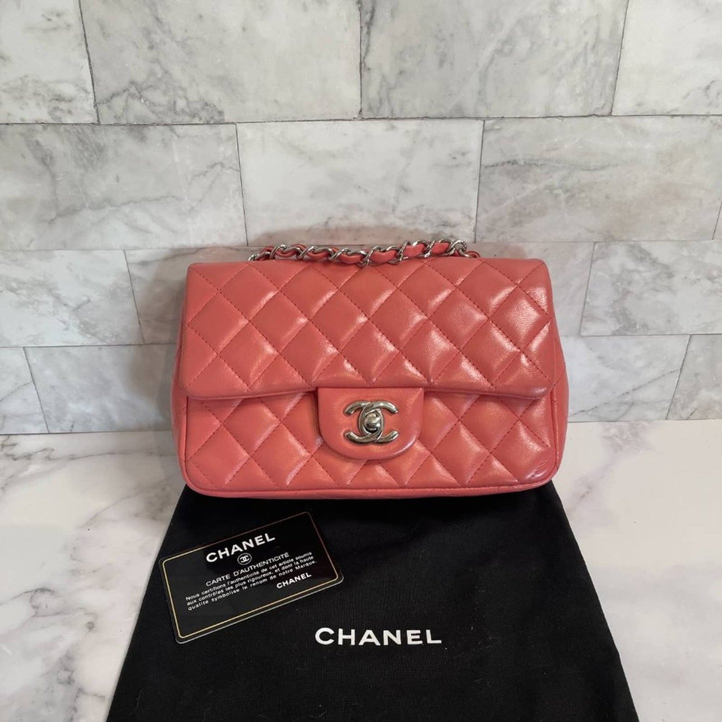 Chanel Mini Classic Flap Pink Coral Orange Lambskin Rectangular Crossbody Silver