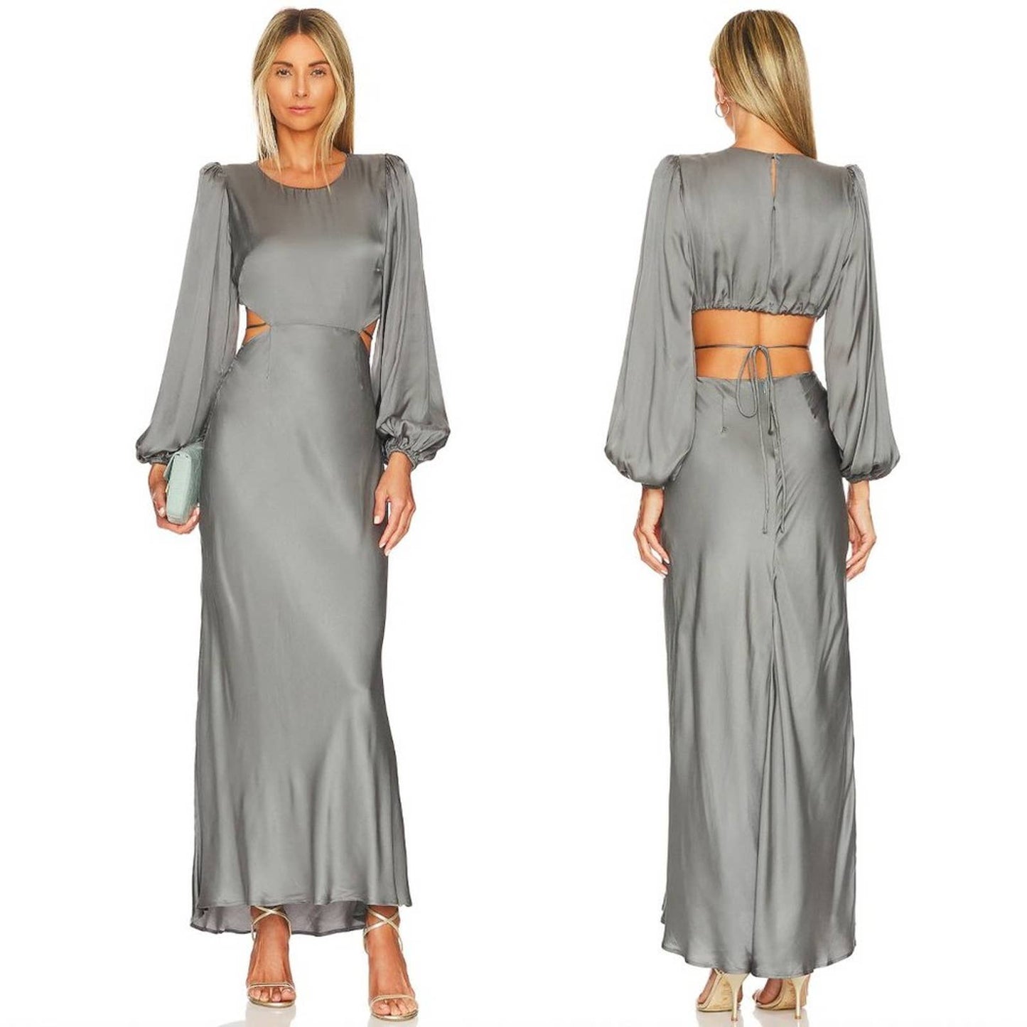 NEW ASTR the Label Quinn Maxi Dress Sage Gray Grey Long Sleeve Satin Gown Medium