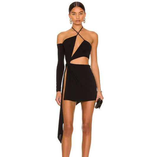 NEW MONOT Cut Out Mini Dress in Black Sexy Cutout Asymmetrical 2 / XS