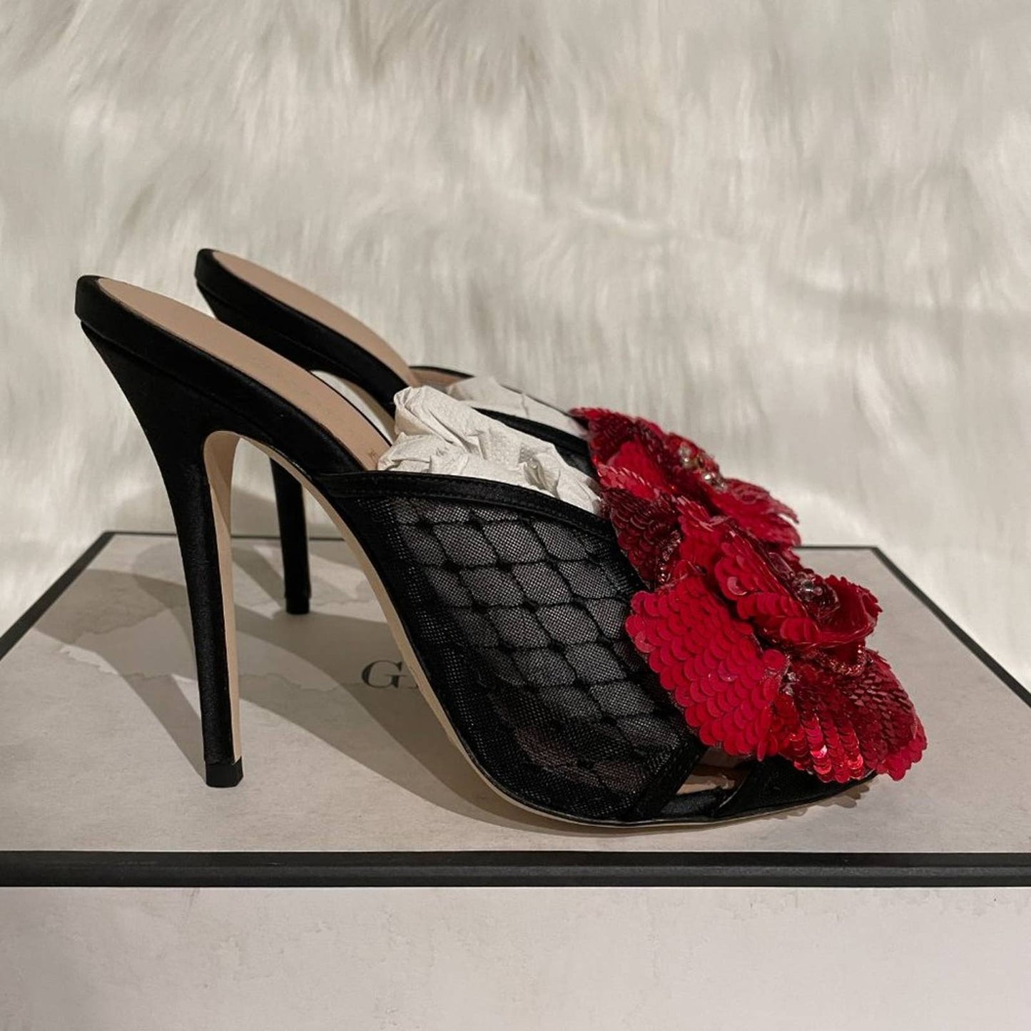 NEW GEDEBE Clarencenet Mule Nero Black Red Rose Heeled Sandal Mesh Heel 38 / 8