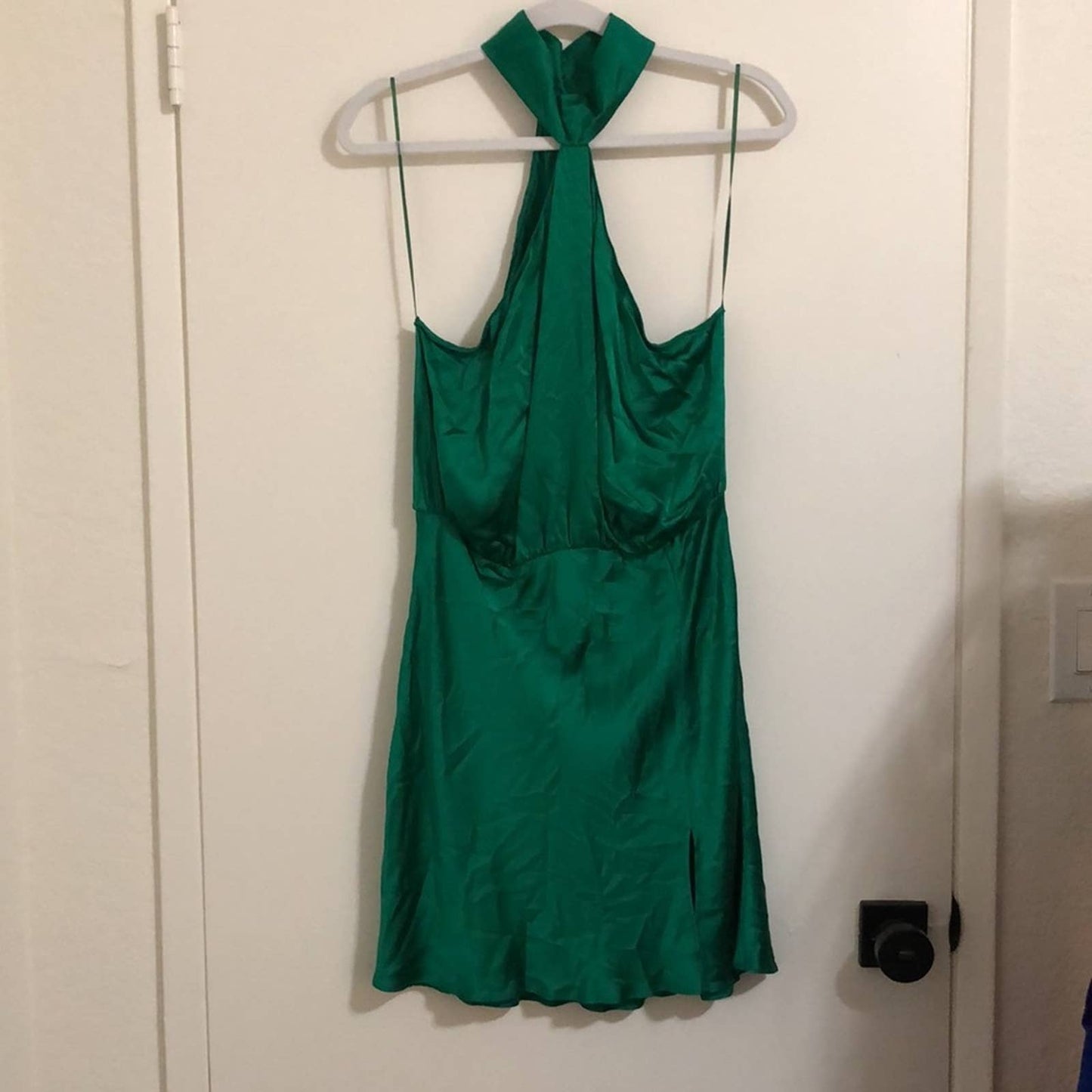 NEW Amanda Uprichard Queens Mini Dress in Dark Green Silk Satin Halter Large L