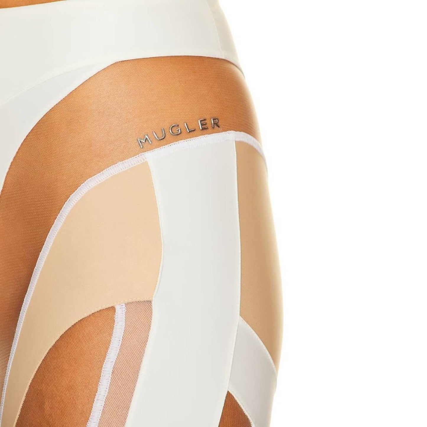 NEW Mugler Sheer Spiral Legging in Ivory White & Beige Nude Mesh 42 / 10 / Large