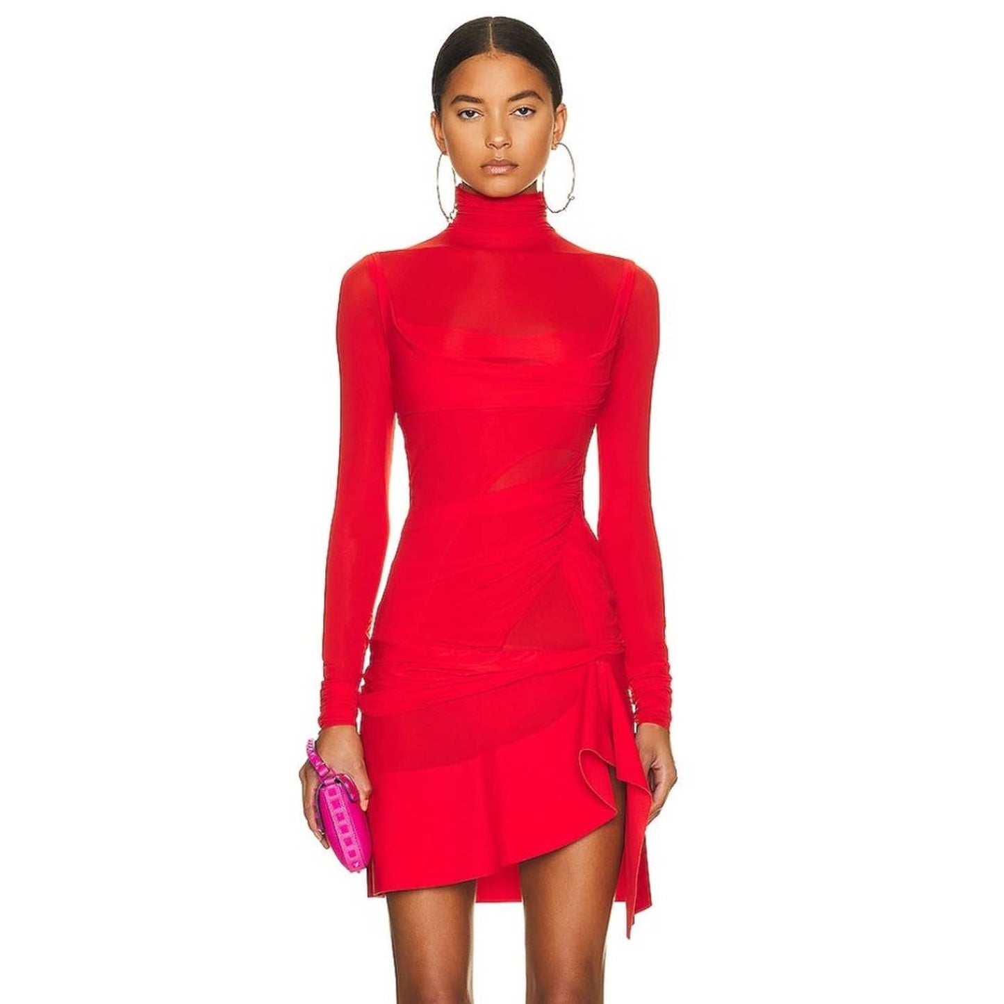 NEW Mugler Stretch Layered Mini Dress in Red Long Sleeve Turtleneck 36 / 4