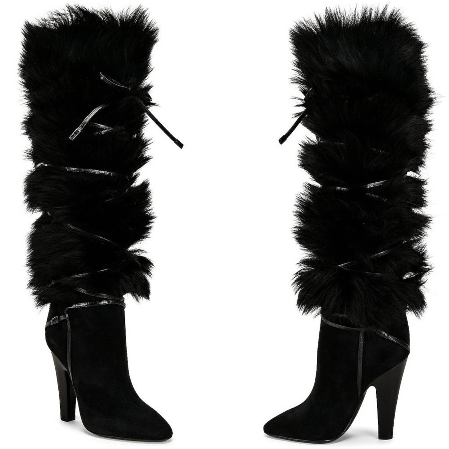 NEW SAINT LAURENT Jokull Tall Boot in Nero Black Heeled Fur Winter Heels YSL 37