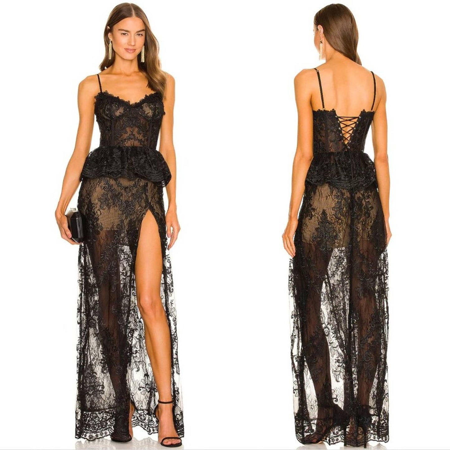 NEW V. Chapman Ophilia Dress in Black Lace Peplum Maxi Gown - 2 / XS