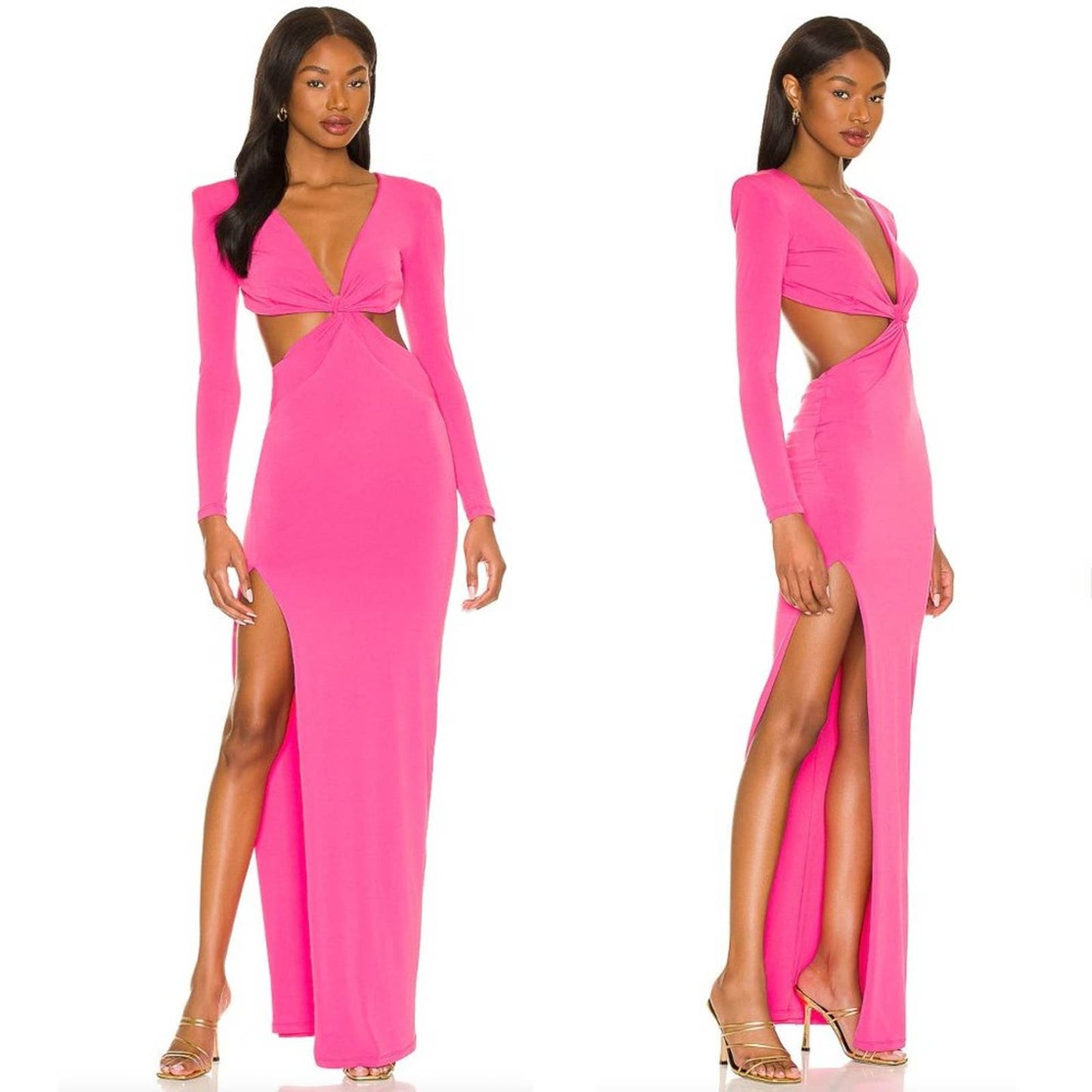 NEW Nookie Jewel Gown in Neon Hot Pink Long Sleeve Backless Maxi Dress Small