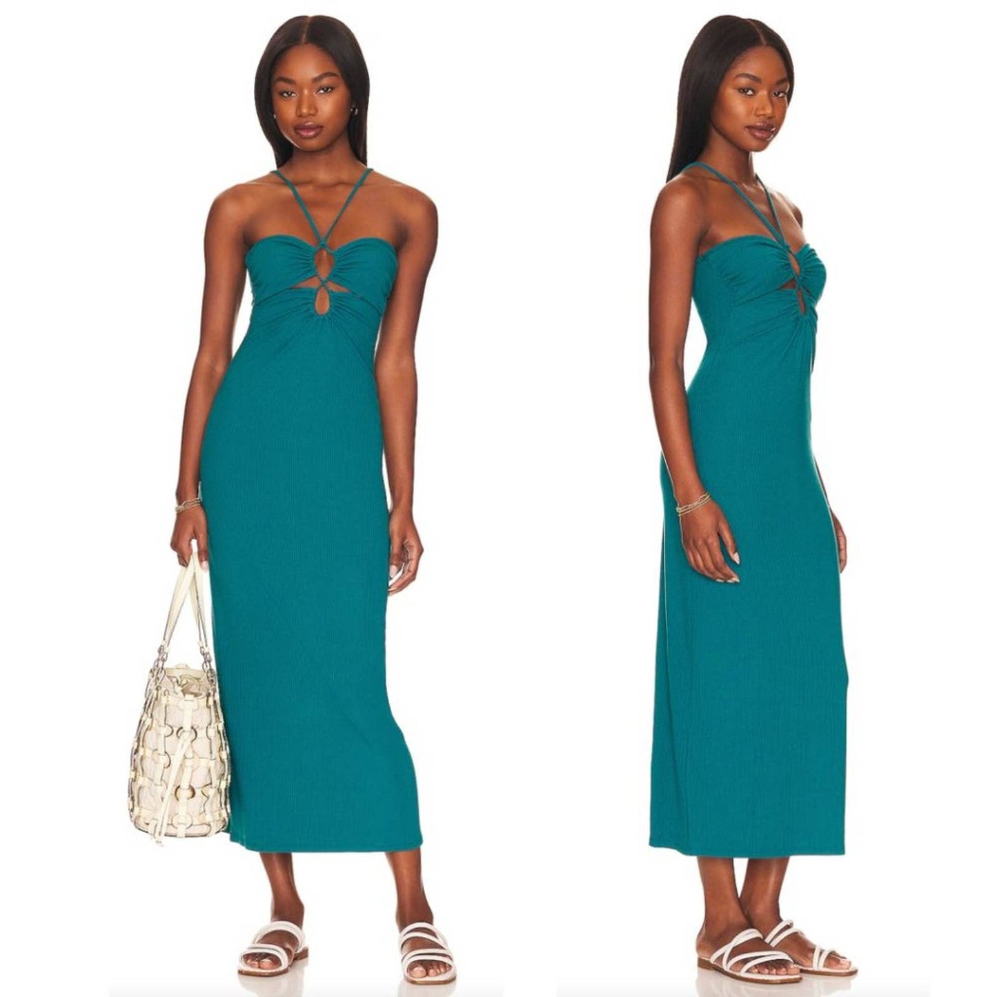 NEW L*SPACE Ellery Midi Maxi Dress in Deep Sea Blue Green Halter XS XSmall