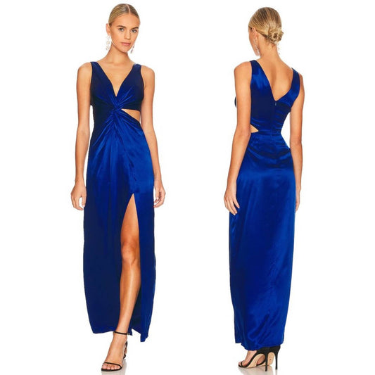 NEW NICHOLAS Silvina Wrap Cut Out Gown Sapphire Royal Blue Silk Satin Maxi Dress