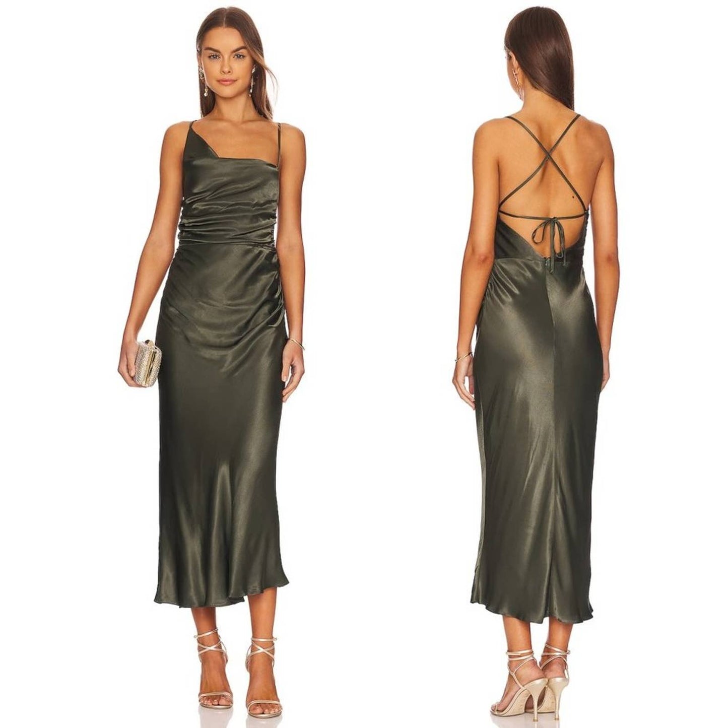 NEW Shona Joy Giorgia Asymmetrical Midi Dress Forest Dark Green Formal Satin 4