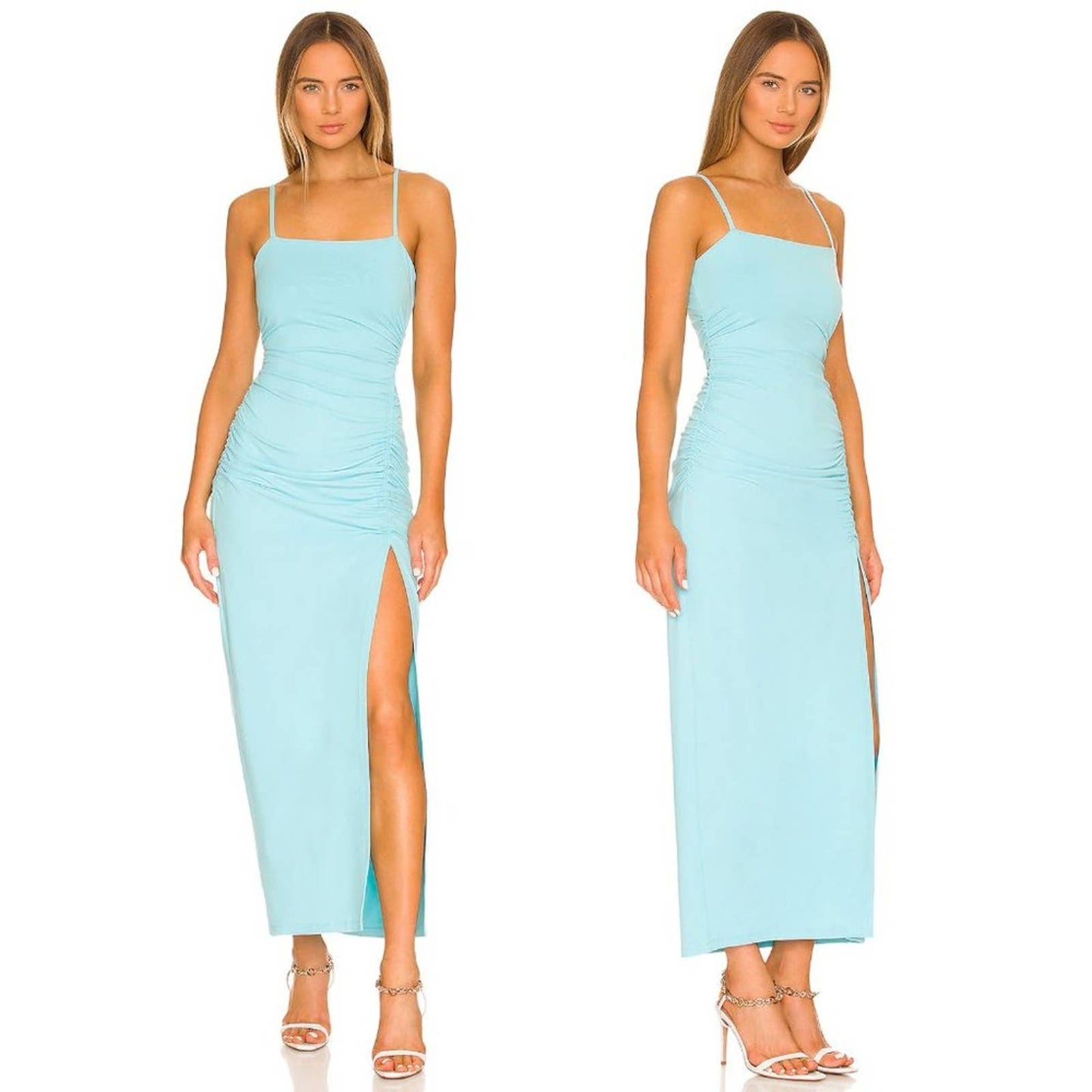 NEW Susana Monaco Ruched Slit Maxi Dress Fresh Water Light Sky Aqua Blue Medium