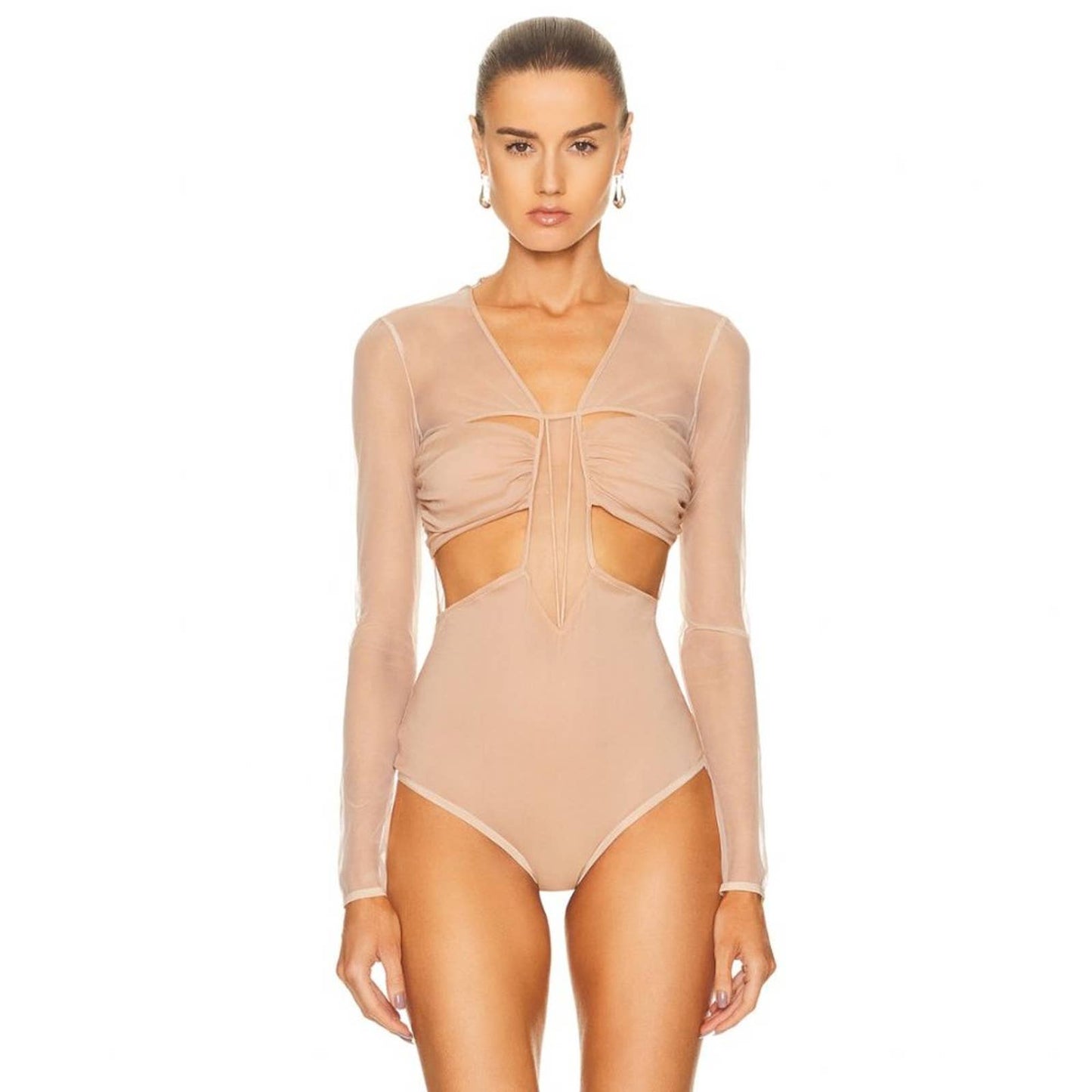 Nensi Dojaka Gathered Long Sleeve Bra Top Bodysuit in Sable Nude Tan Mesh Small